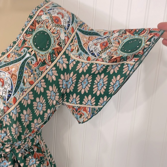 Boho Maxi Dress Faux Wrap Side Slits V Neck Short Flutter Sleeves Like New Small - Picture 5 of 17